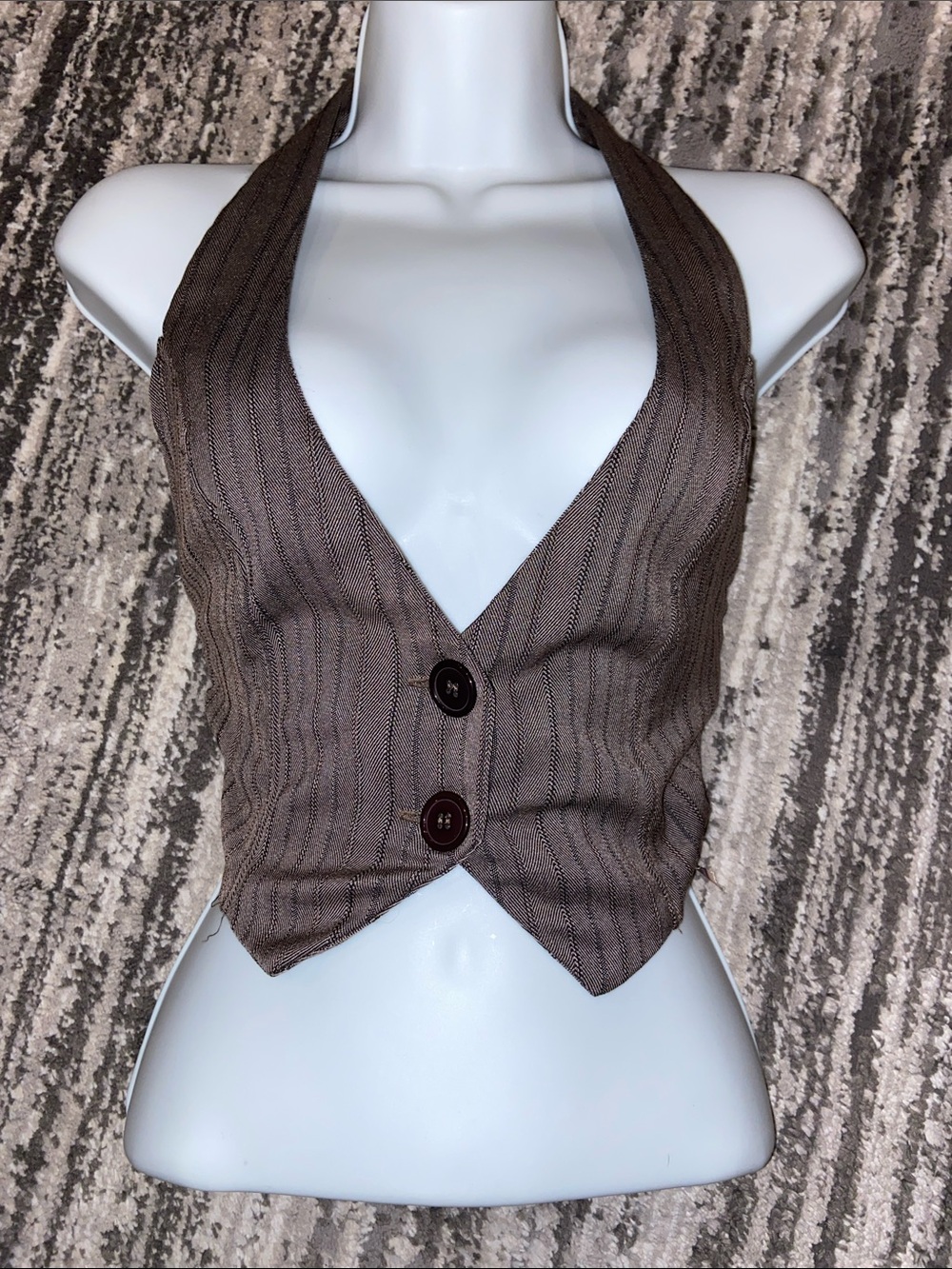 Y2K Fresh Brewed tie back halter vest, pinstripe, brown size large